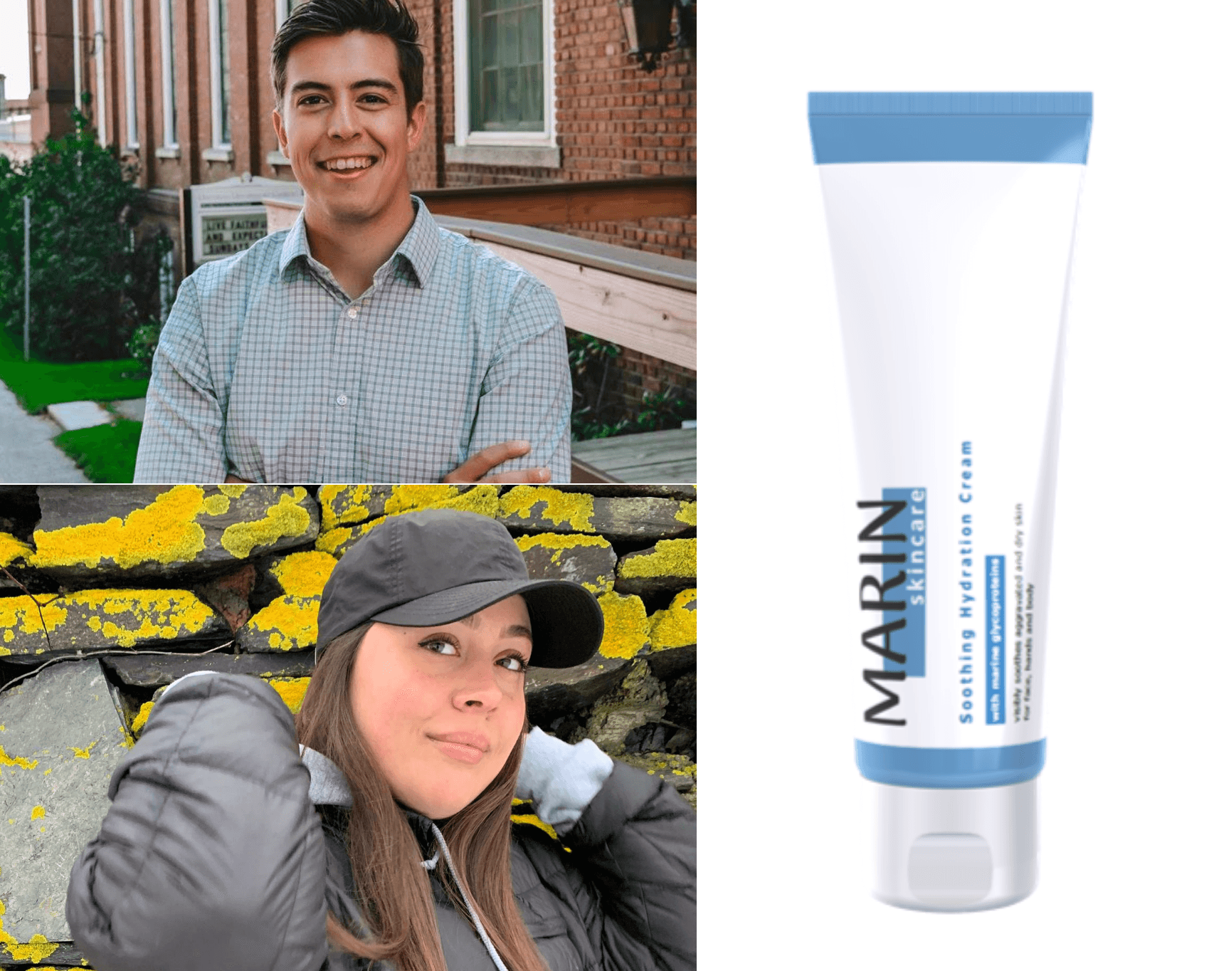 Two smiling people (top male, bottom female) beside Marin skincare tube labeled 'MARIN skincare Soothing Hydration Cream'