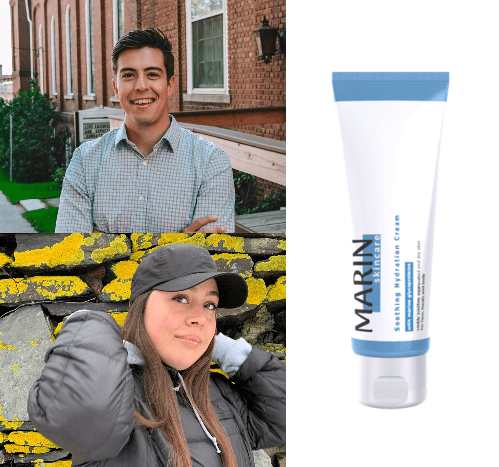 Two smiling people (top male, bottom female) beside Marin skincare tube labeled 'MARIN skincare Soothing Hydration Cream'