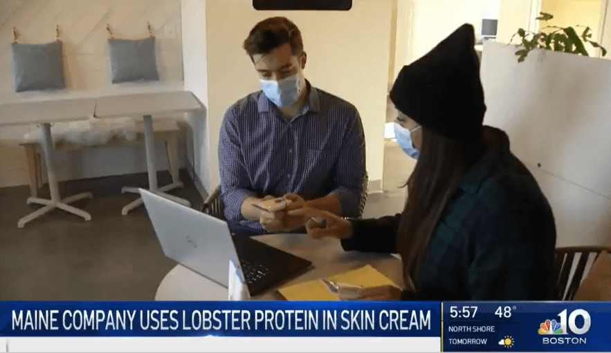 Two people examine jar; CHYRON MAINE COMPANY USES LOBSTER PROTEIN IN SKIN CREAM 5:57 48° NORTH SHORE TOMORROW NBC 10 BOSTON