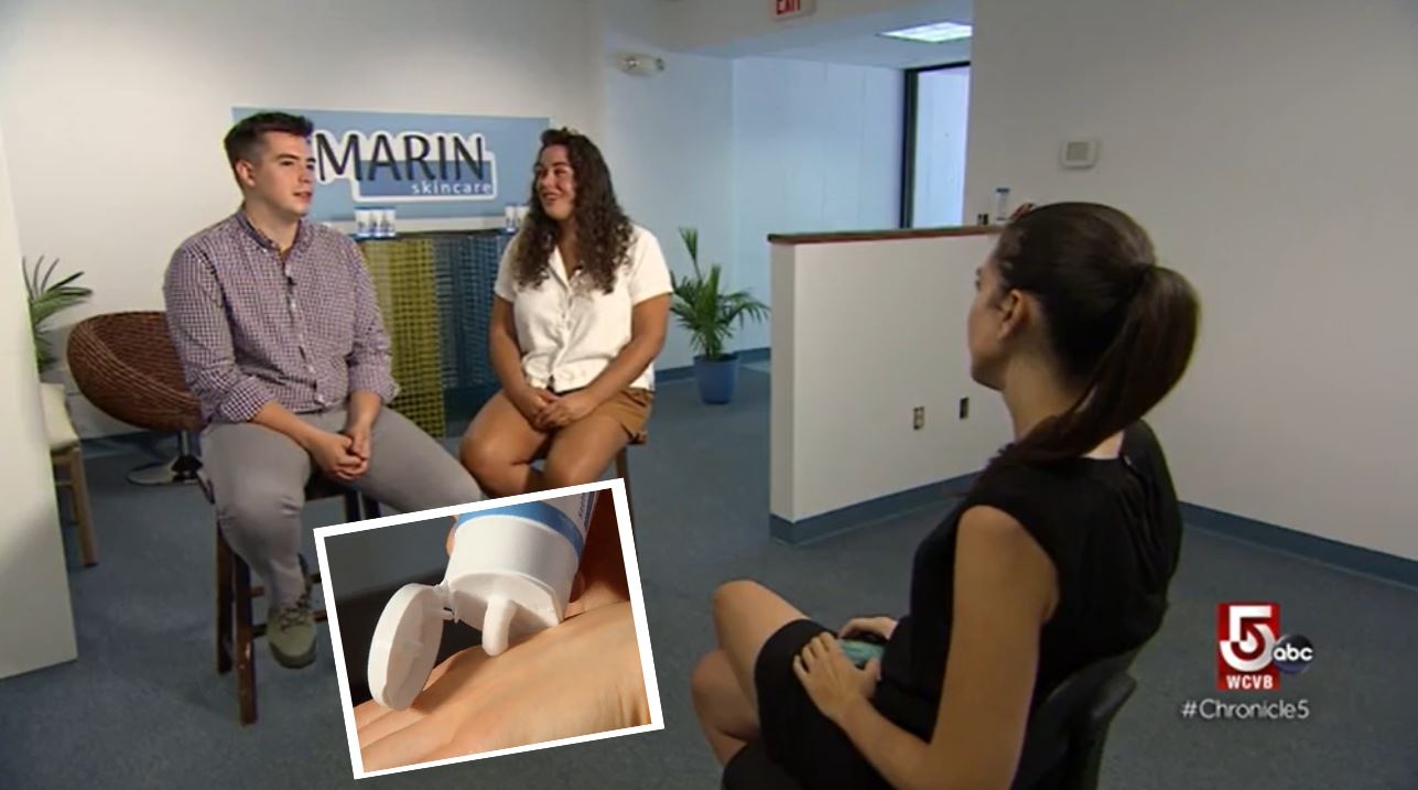 Two Marin Skincare team members interviewed in office with MARIN skincare sign; TV logo "5 abc WCVB #Chronicle5" visible