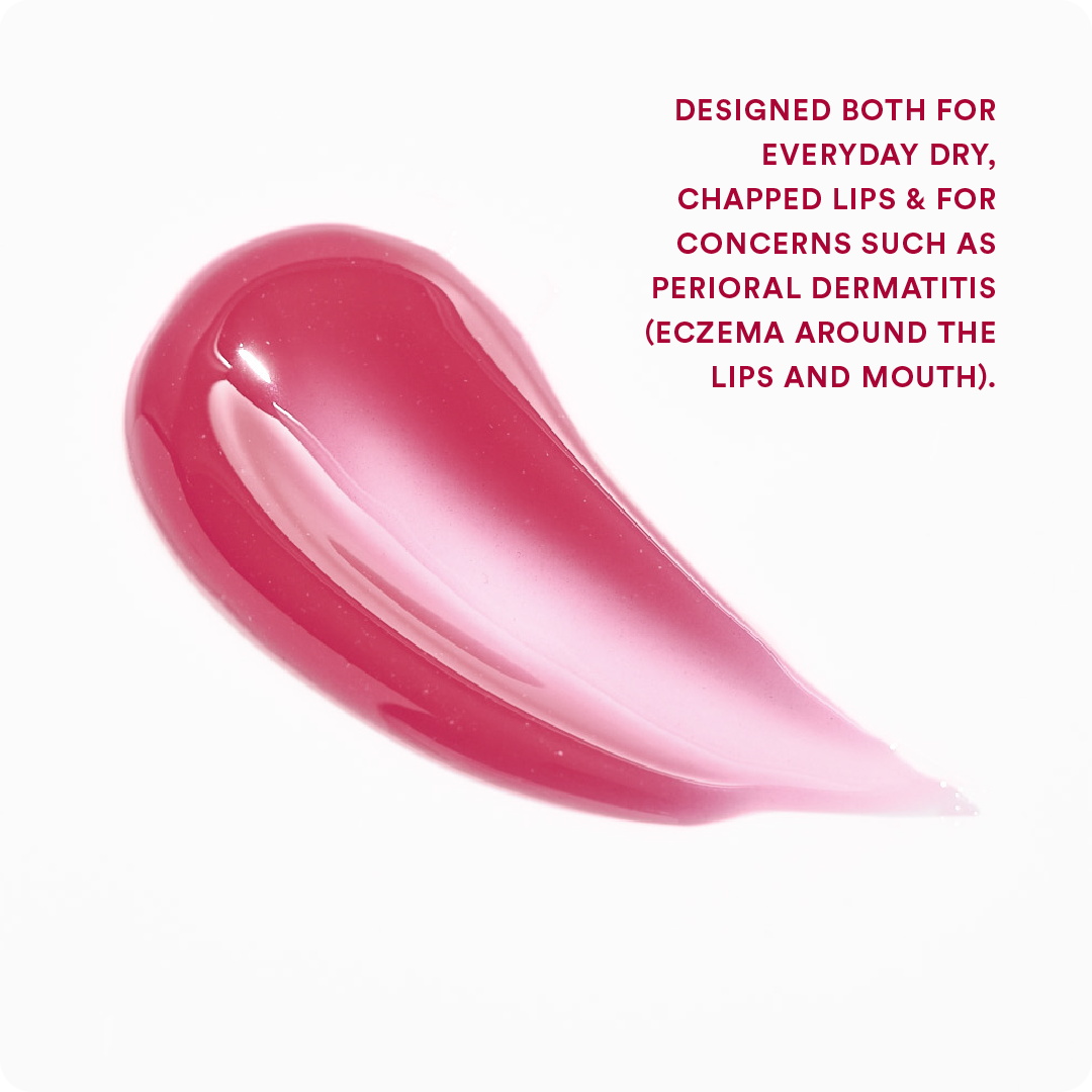 Glossy raspberry-pink lip balm swatch with sheer tint and smooth finish, for dry or chapped lips