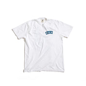 White short-sleeve T-shirt laid flat with small blue chest logo reading MARIN