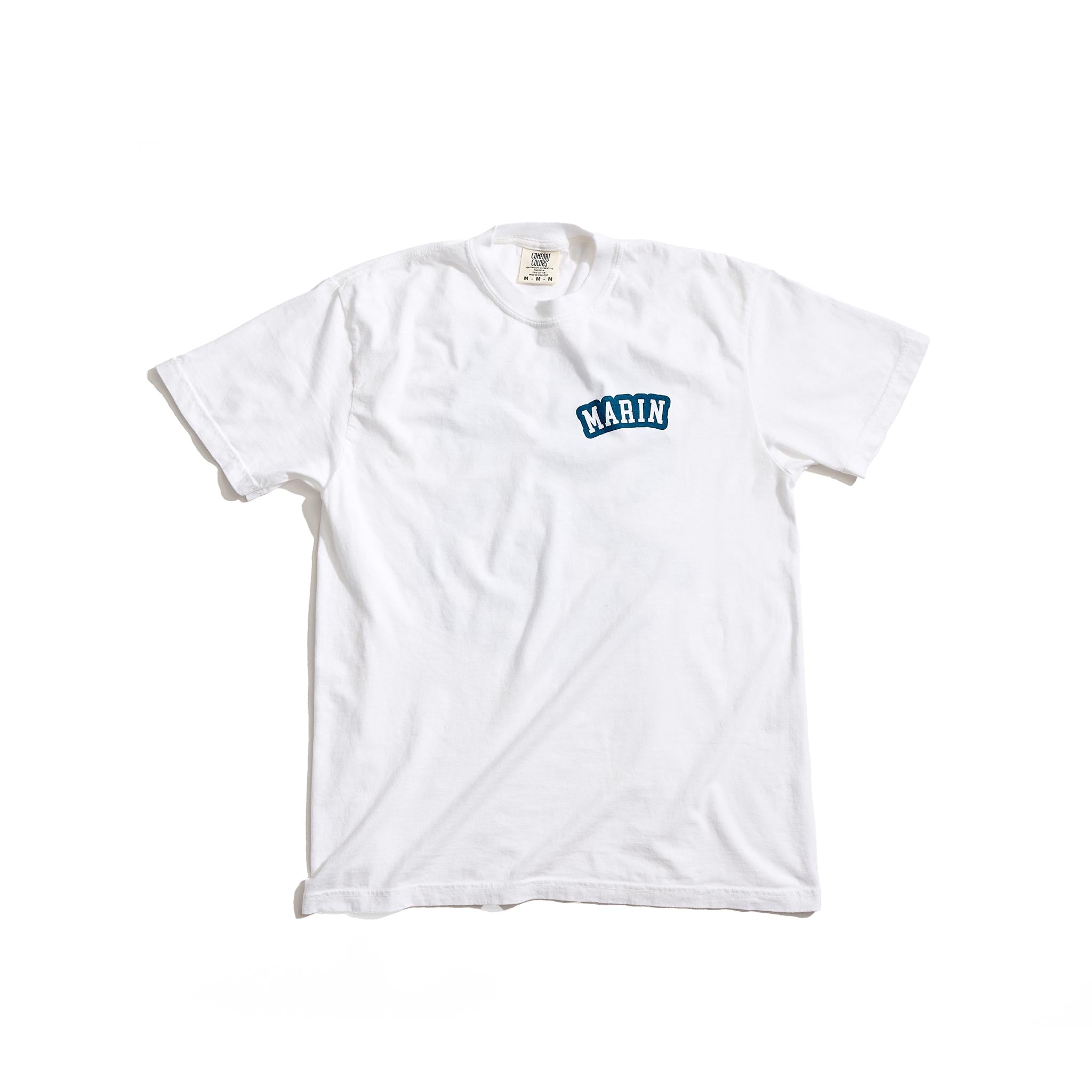 White short-sleeve T-shirt laid flat with small blue chest logo reading MARIN