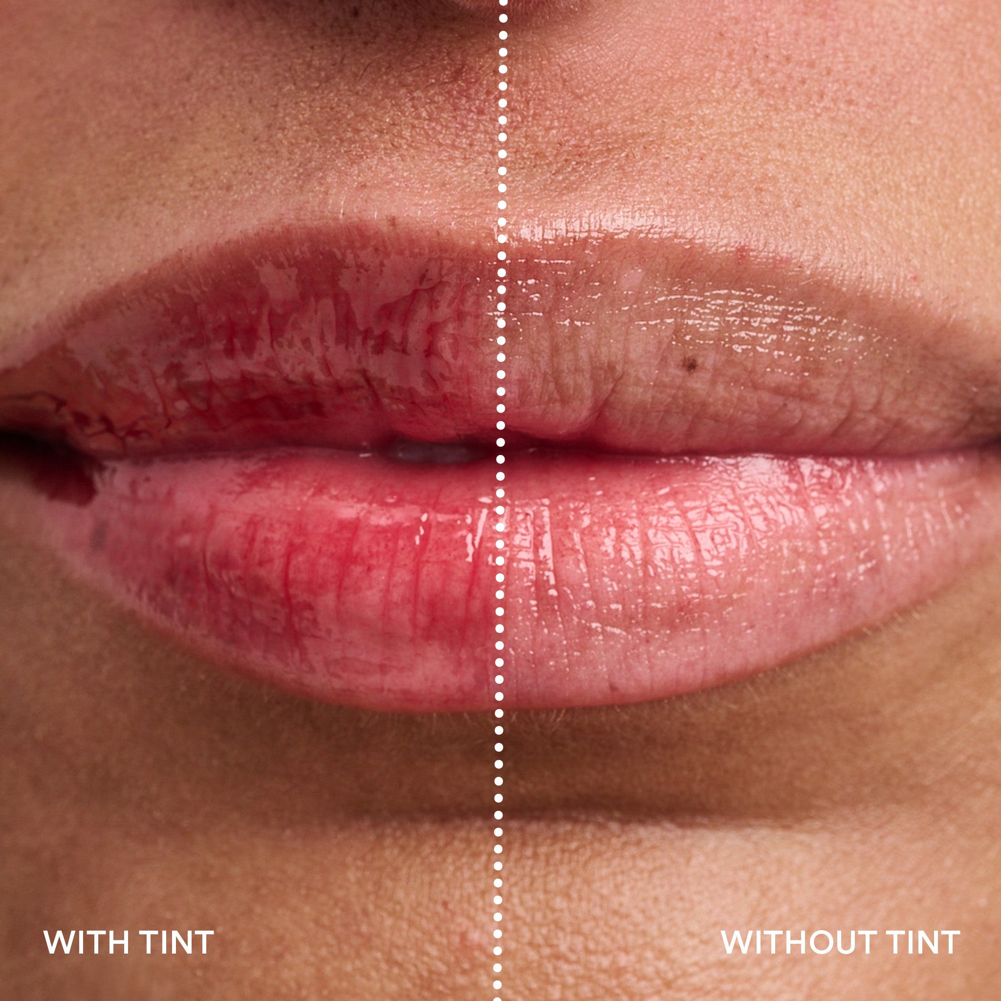 Close-up of lips split vertically: left lip tinted, right without tint; visible text reads 'WITH TINT' and 'WITHOUT TINT'.