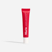 Red tube with 'Marin' logo; text: LIP TREATMENT + MARINE GLYCOPROTEINS STRAWBERRY RHUBARB NET WT .5 OZ