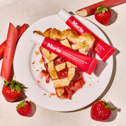 Marin tubes with strawberry-rhubarb pie; visible text: LIP TREATMENT + MARINE GLYCOPROTEINS STRAWBERRY RHUBARB | NET WT .5 OZ