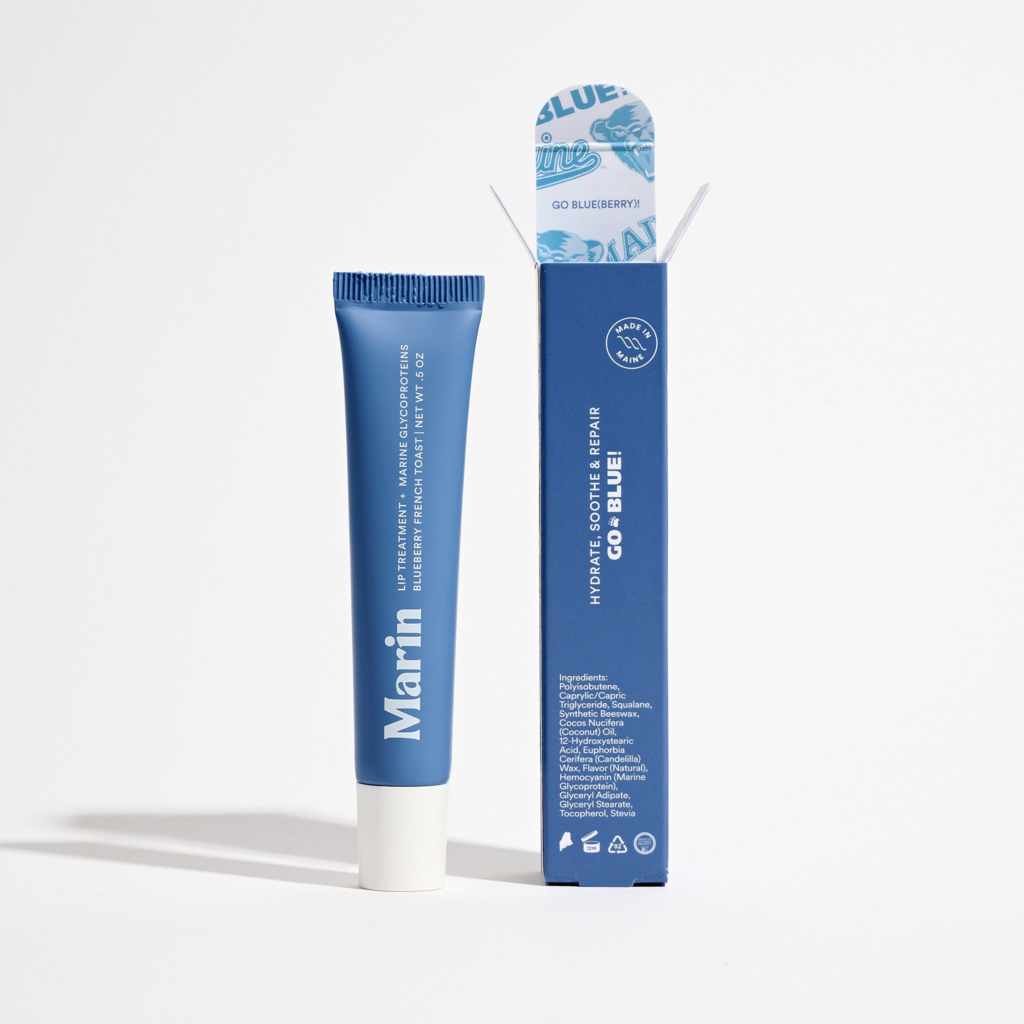 Marin blue lip-treatment tube and matching box; box reads 'HYDRATE • SOOTHE & REPAIR', 'GO•BLUE!' and 'Made in Maine'.