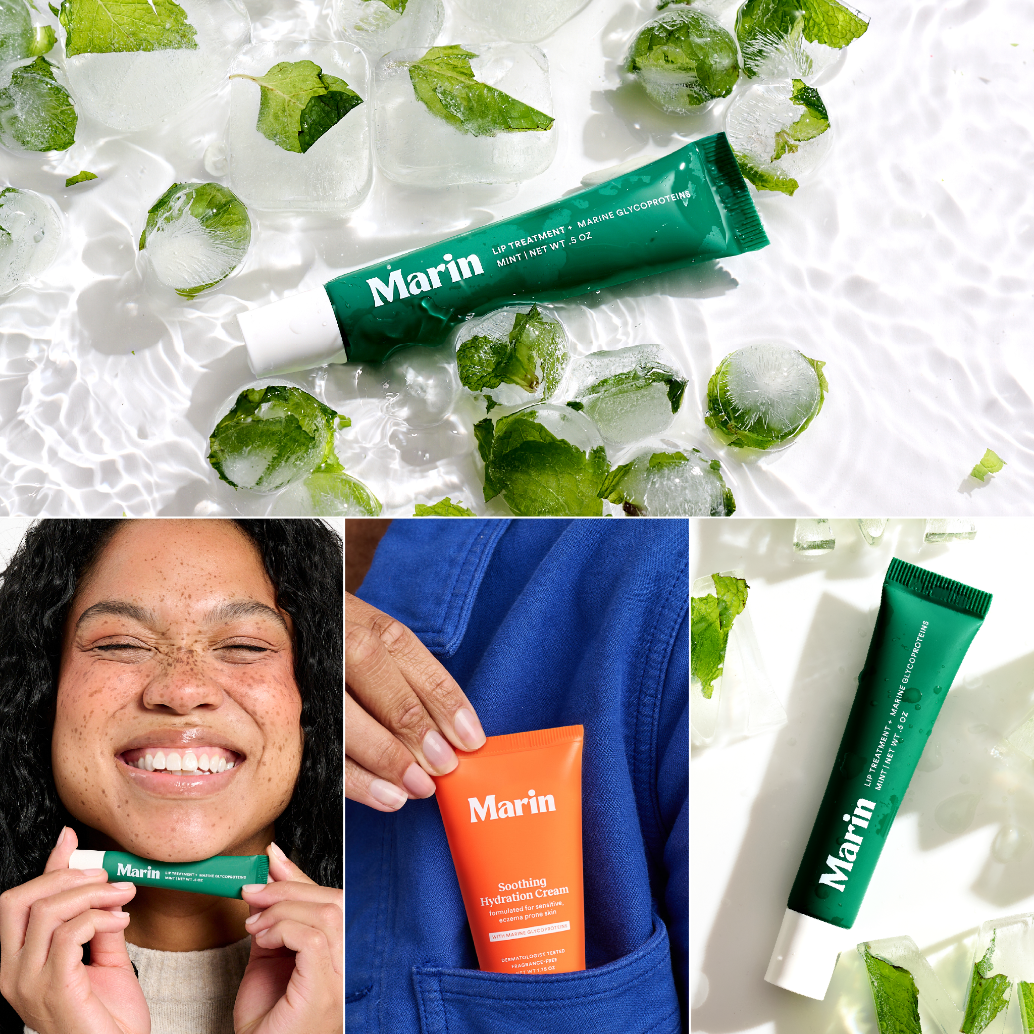 Front view of Marin Mini Lippie tube showcasing its mint green color and white Marin logo on a white background