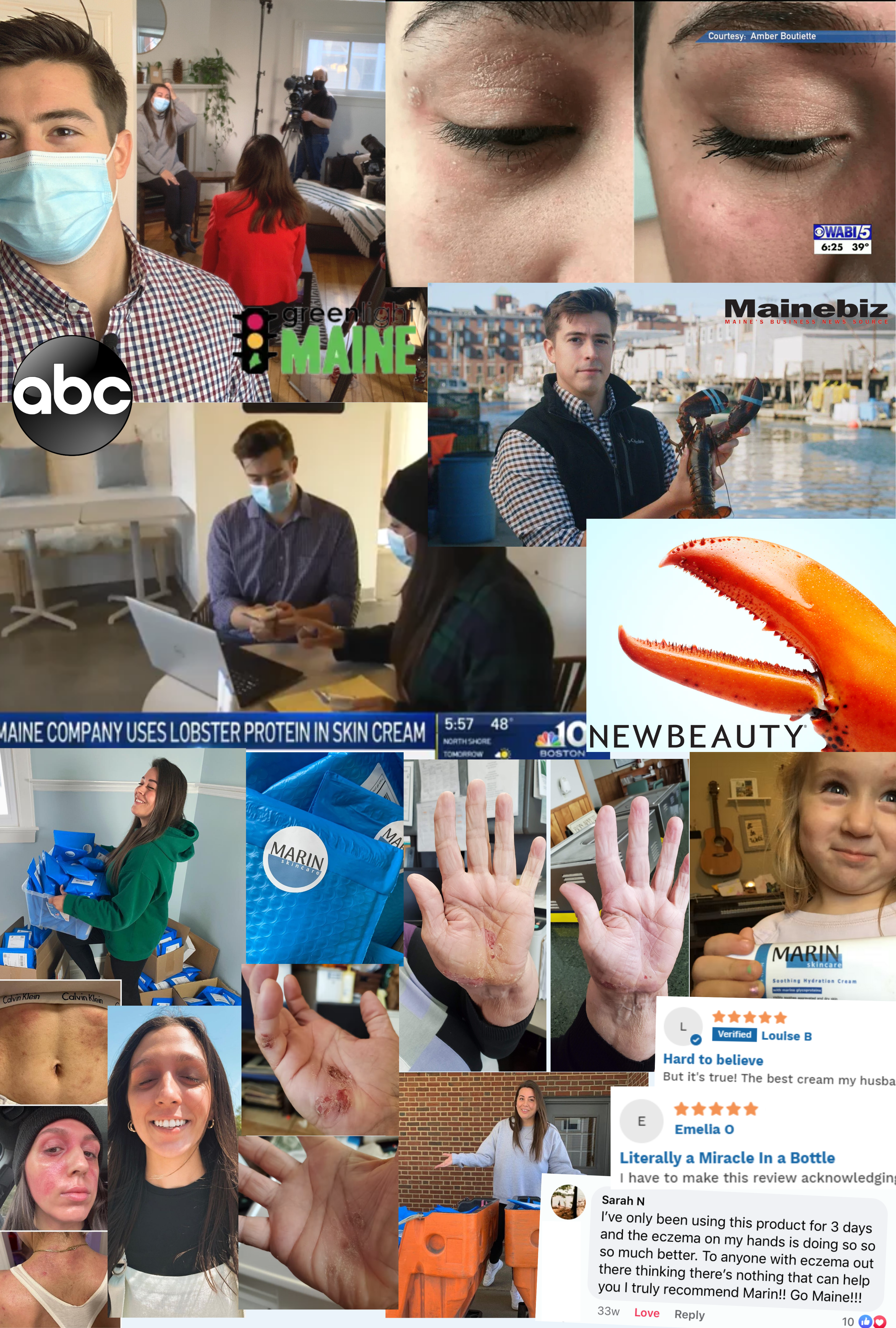 Background collage for Our Story section showing product bottles, botanical imagery, and brand text
