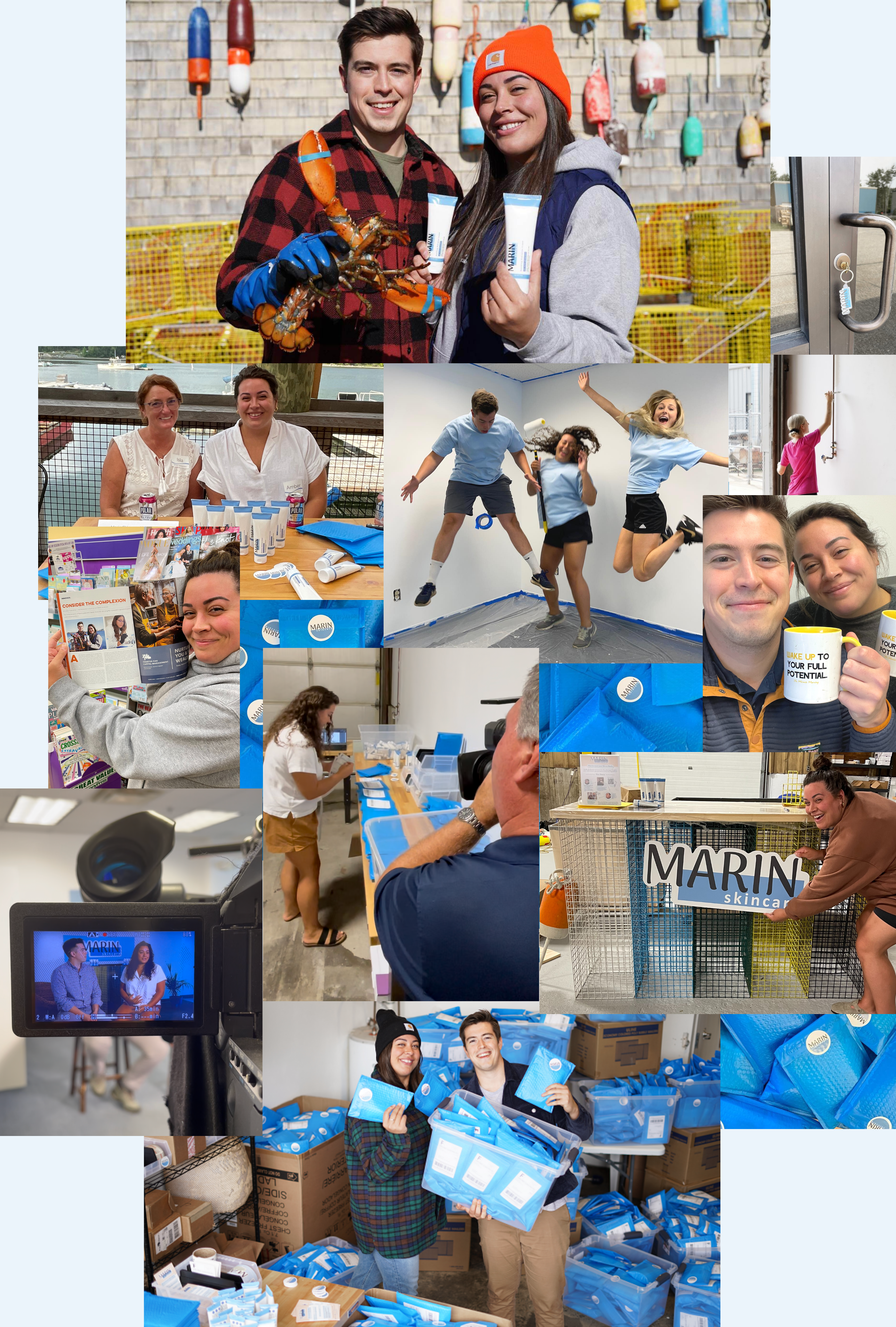Photo collage showing people promoting Marin Skincare, including a couple holding skincare tubes and a lobster at a dock, behind-the-scenes filming, product packing, and team moments with Marin-branded bags and signage.