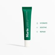 Green tube labeled Marin; LIP TREATMENT + MARINE GLYCOPROTEINS, MINT, NET WT .5 OZ; icons labeled HYDRATE, SOOTHE, REPAIR