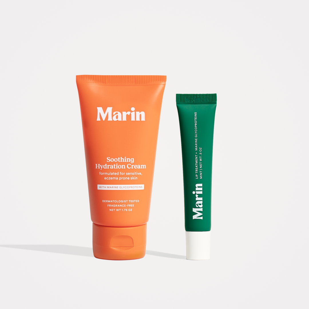 Marin Soothing Hydration Cream tube and Marin Mint Mini Lippie tube on white background