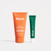 Marin Soothing Hydration Cream tube and Marin Mint Mini Lippie tube on white background