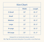 Size chart table: X-Small 20” 26.5”, Small 21” 27.5”, Medium 22” 28.5”, Large 23” 29.5”, X-Large 24” 30.5”, XX-Large 25” 31.5”.