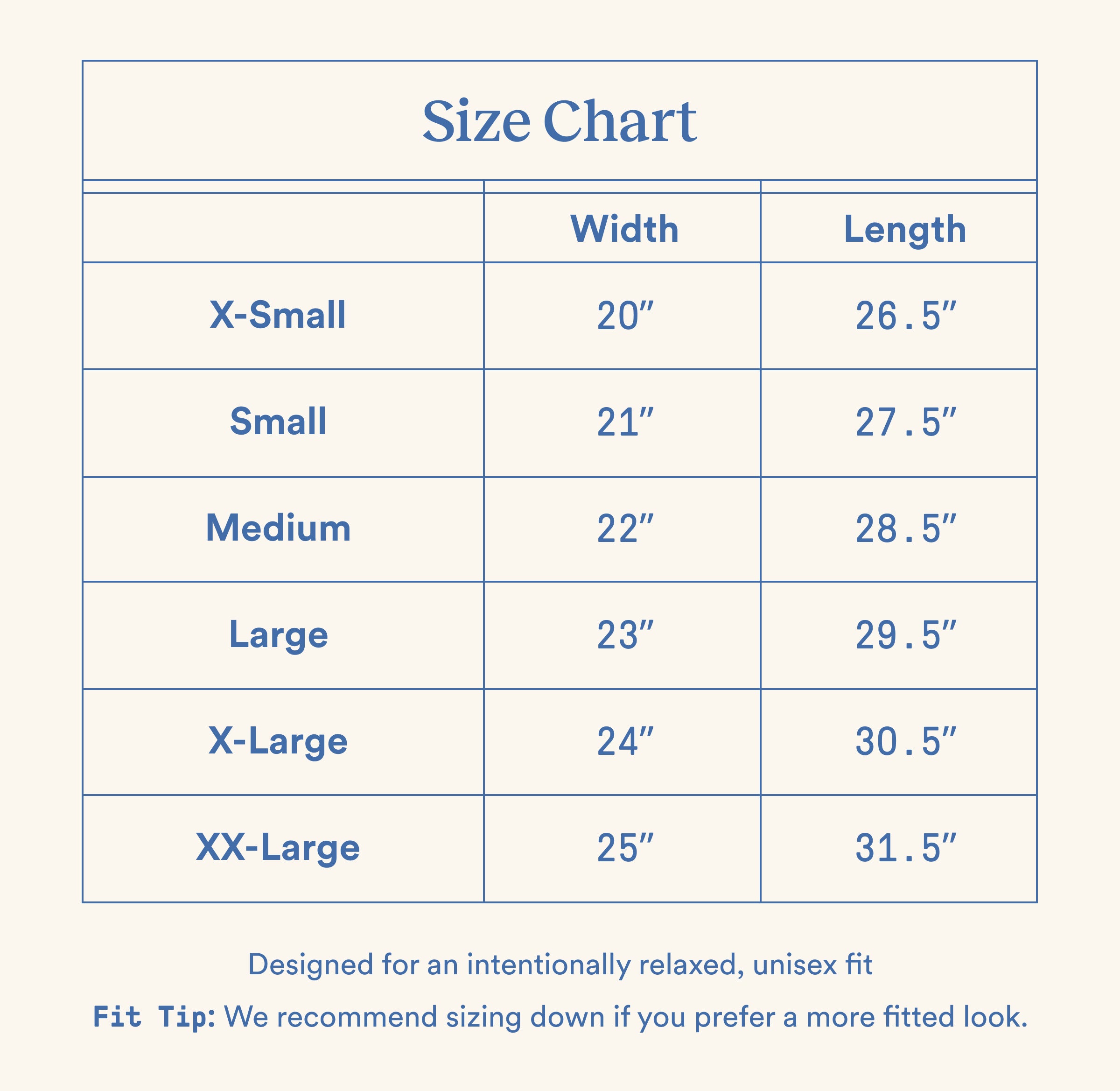 Size chart table: X-Small 20” 26.5”, Small 21” 27.5”, Medium 22” 28.5”, Large 23” 29.5”, X-Large 24” 30.5”, XX-Large 25” 31.5”.