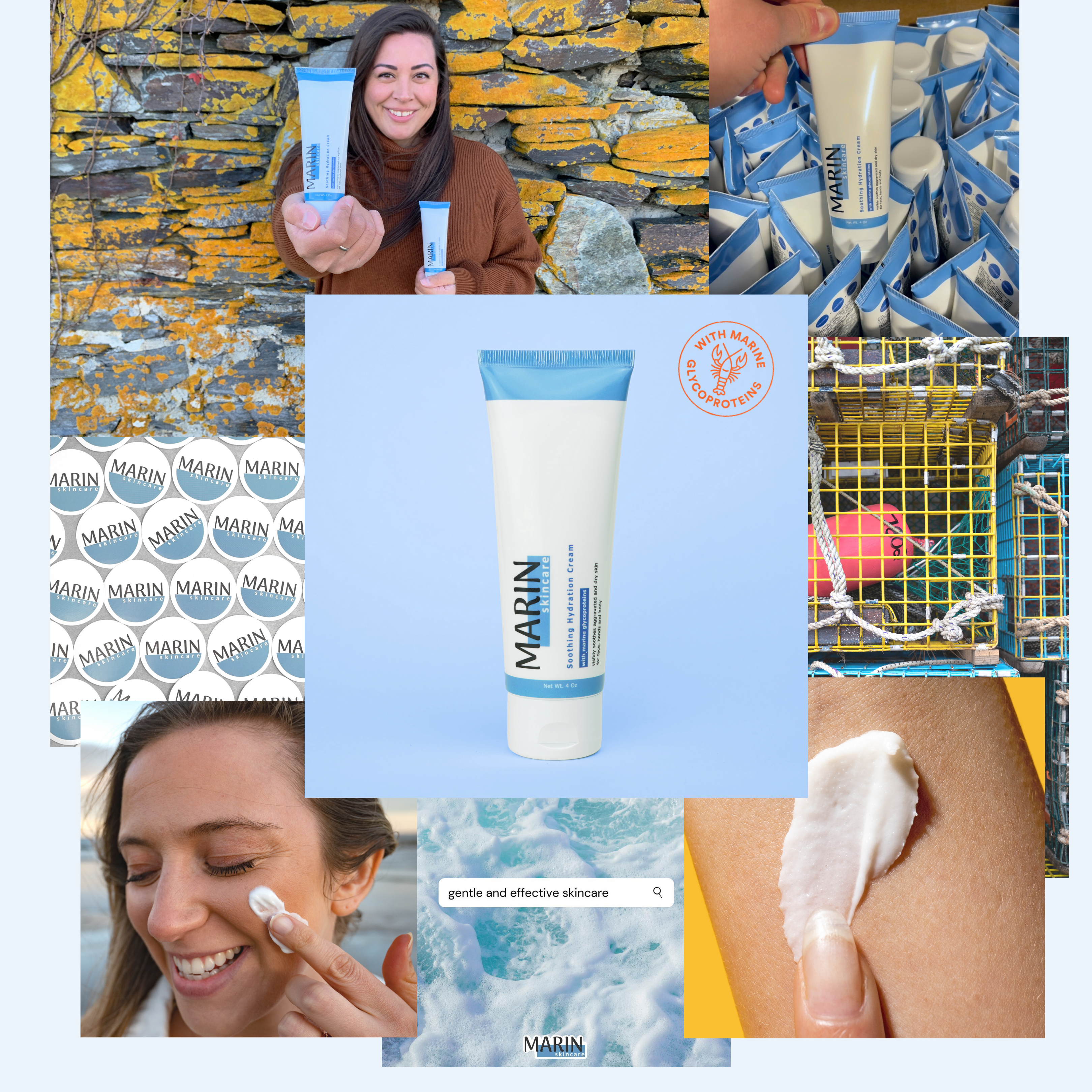 Collage of Marin skincare: central tube and MARIN logo; words 'gentle and effective skincare' and 'WITH MARINE GLYCOPROTEINS'.