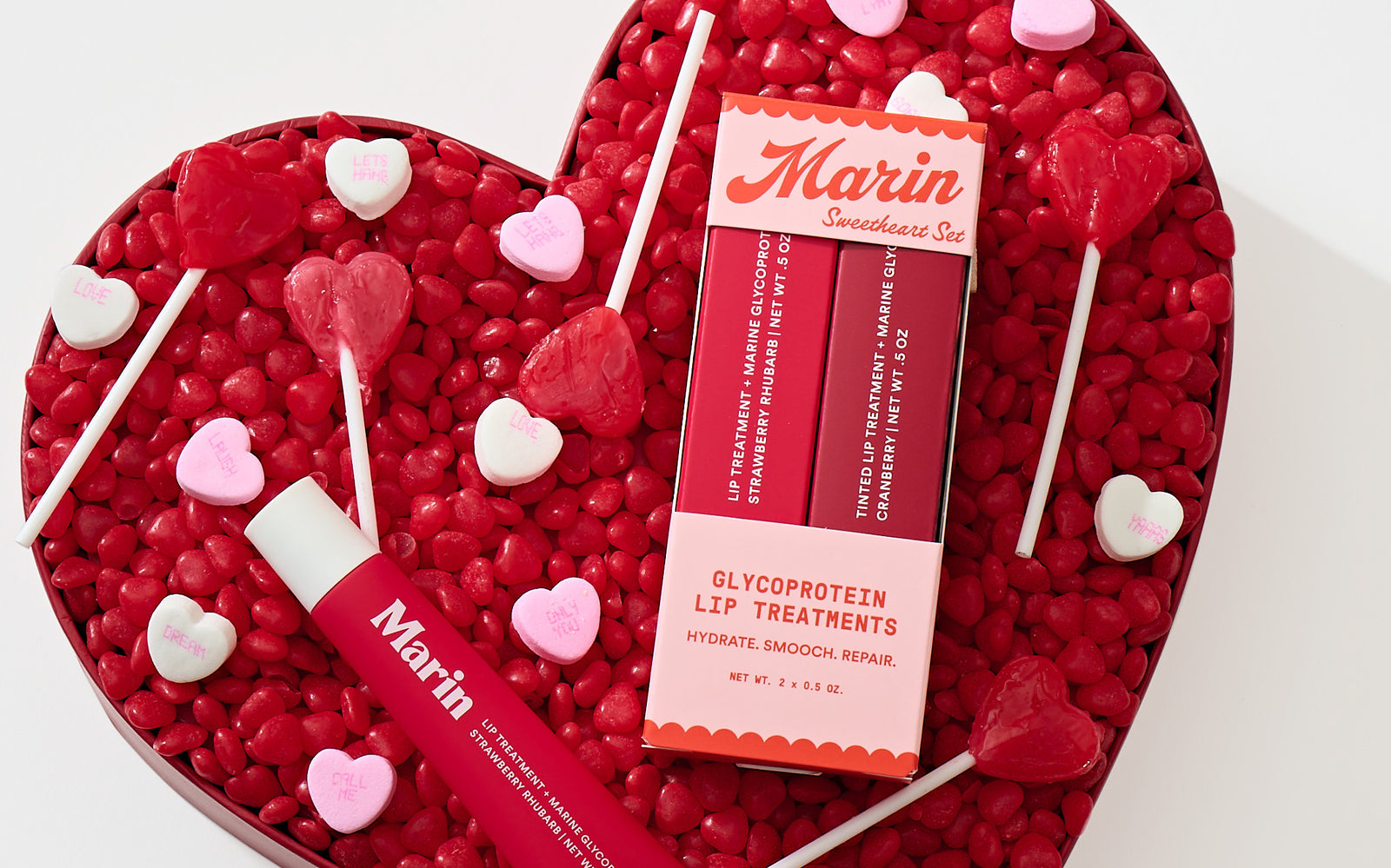 Marin Sweetheart Set, GLYCOPROTEIN LIP TREATMENTS — HYDRATE. SMOOCH. REPAIR.; products on heart candy